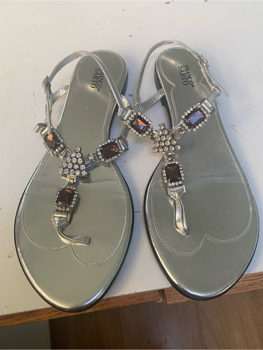 Franco Sarto Silver Jeweled T-Strap Sandals - Silver with Amber Gemstones